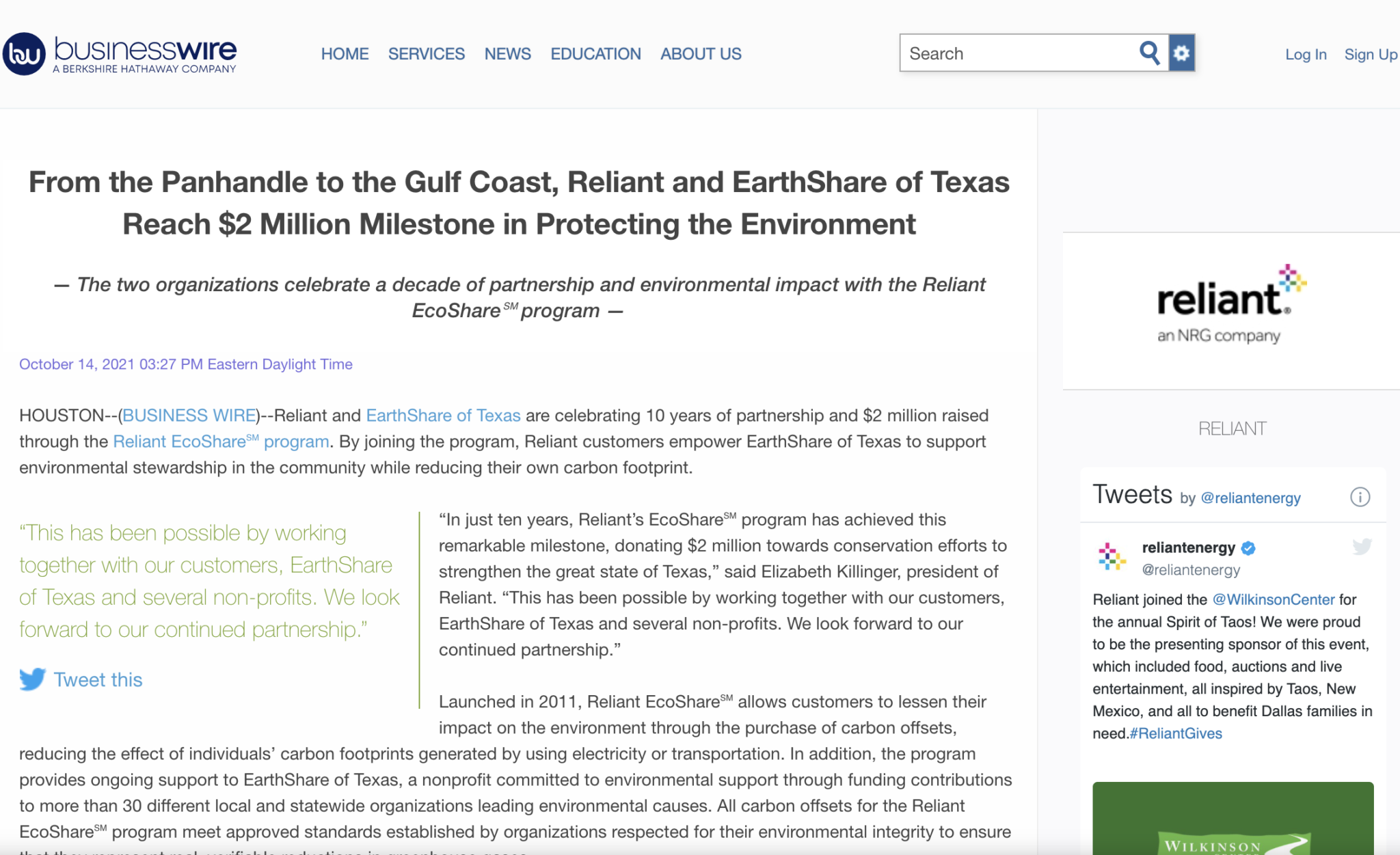 EarthShare of Texas Featured in the News With Reliant Energy