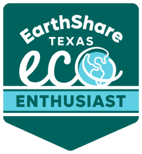 eco enthusiast logo, dark green and light blue with white text