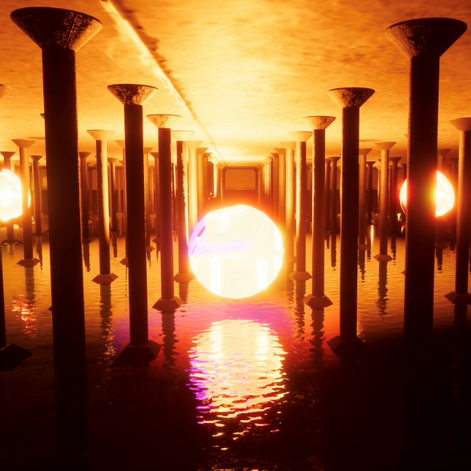 A glowing holographic ball of light is reflected by the water in a cistern.