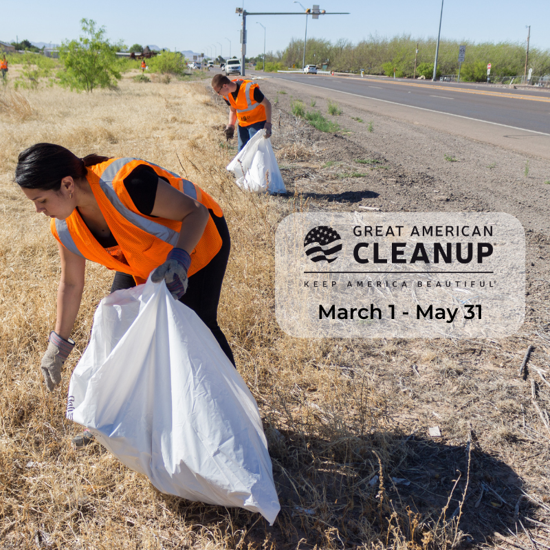 A graphic depicting volunteers cleaning up a roadway and sharing details about the Great American Cleanup.